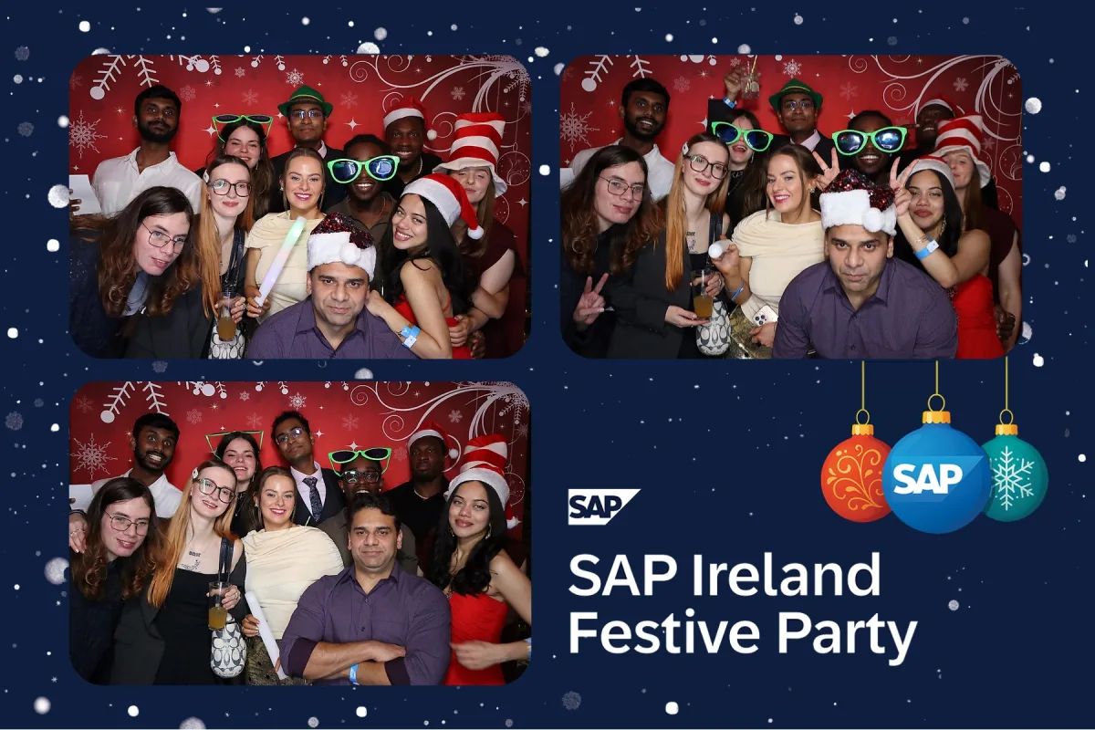 Christmas photo booth print template showing a three-photo collage of colleagues in Santa hats against a festive red backdrop, with company branding and baubles