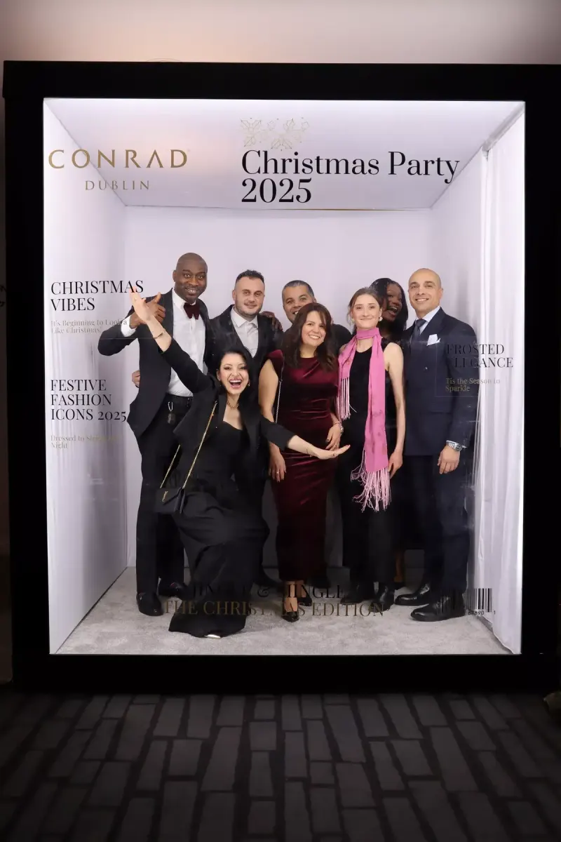 Photo booth set up at a corporate Christmas party in a Dublin hotel ballroom, Ireland