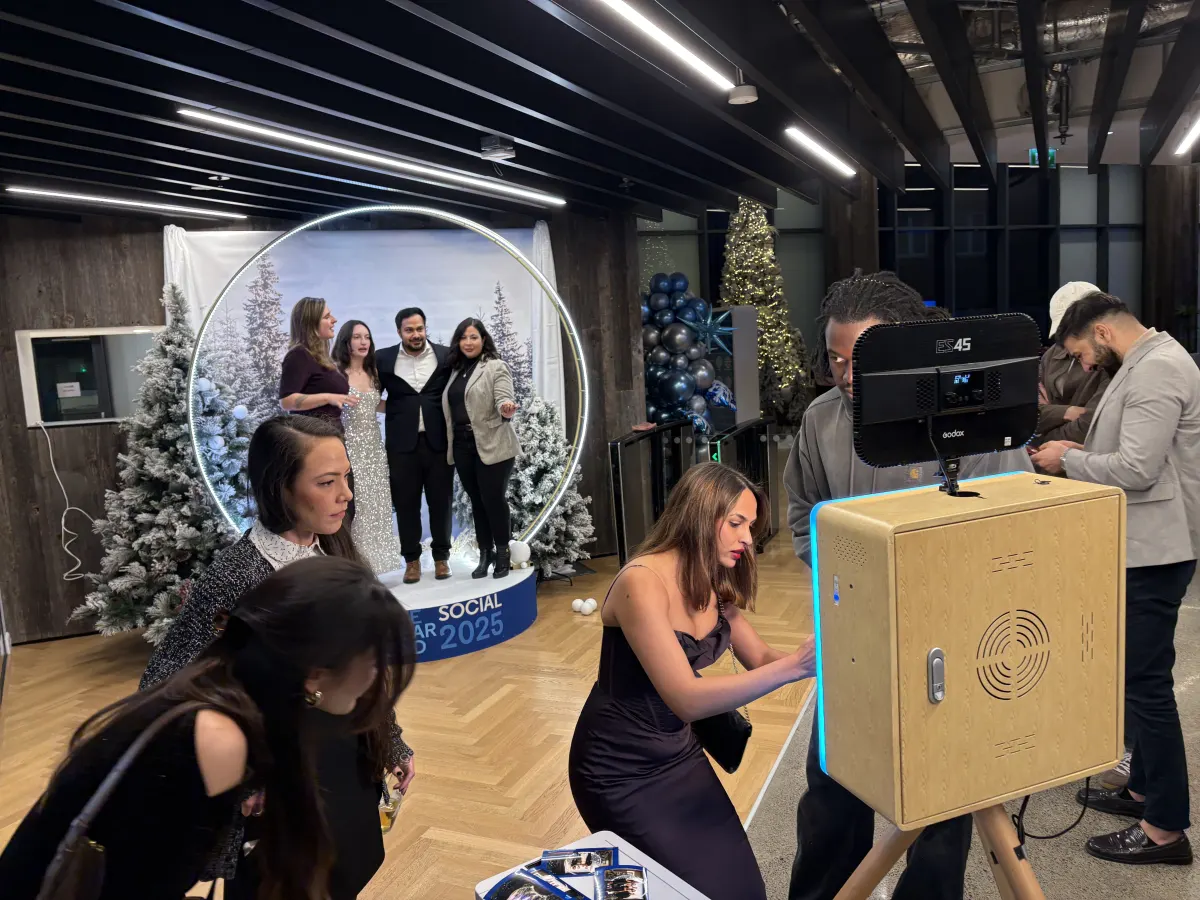 LinkedIn Year End Social photo booth setup with branded backdrop and winter theme