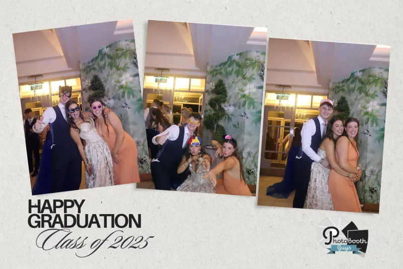 Couples posing at debs ball photo booth with Happy Graduation overlay