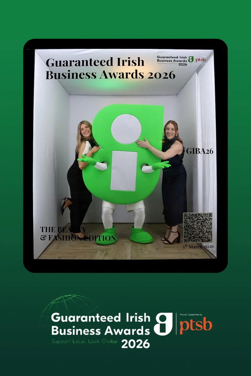 Guests with Guaranteed Irish mascot at awards ceremony photo booth
