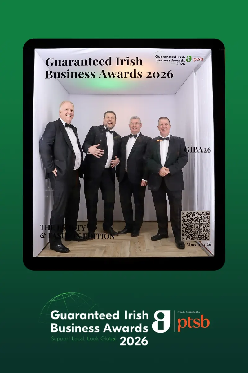 Group of men in black tie at Guaranteed Irish Business Awards photo booth
