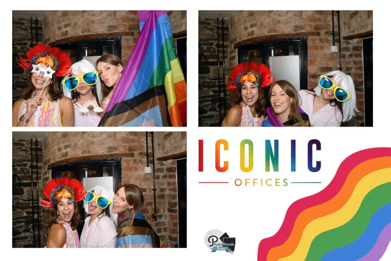 Iconic Offices Pride celebration photo booth with rainbow flag