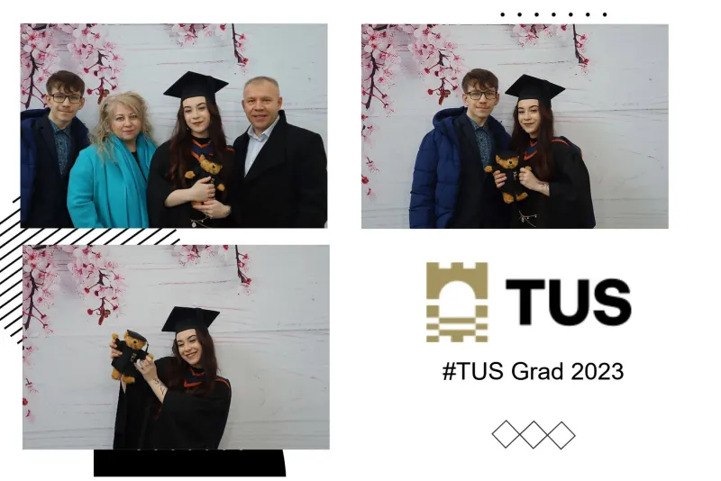 TUS graduation family photo at branded photo booth