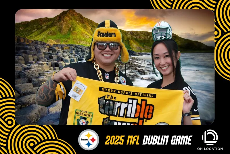 Green screen photo with Giant's Causeway virtual background