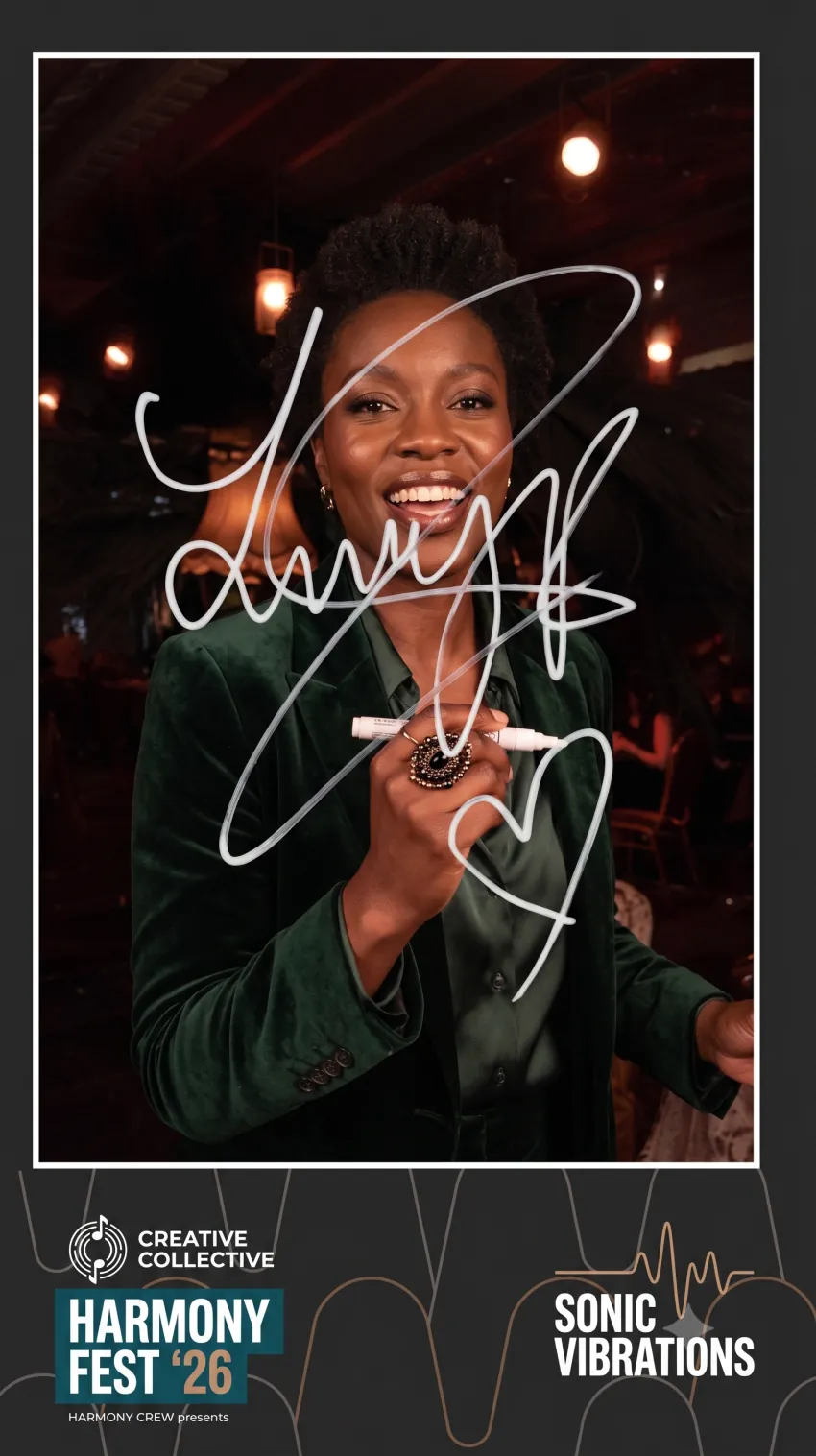 Personalised scribble photo booth print with a handwritten signature and heart over the guest's photo